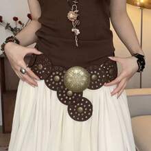 1pc Women's PU Coffee Brown Western Hollow Metal Eyelet Round Belt - Coffee - View 11