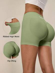 TimeOff Women's 1pc Solid Color High Waist Ribbed Waistband Ruched Back Athletic Shorts - Army Green - View 11