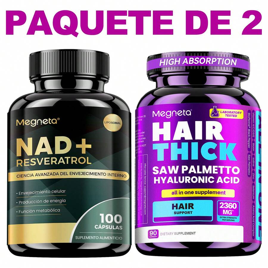MEGNETA [Set Combinado Femenino] con NAD+, Resveratrol, Saw Palmetto, Ácido Hialurónico y Biotina | Energía, Antioxidante, Cuidado del cabello, Apoyo para la salud de la piel y las uñas - Paquete de 1-Dos Botellas - Ver 1