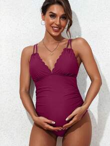 Maternity Summer Minimalist Solid Color Shell Trim Back Tie One-Piece Swimsuit - Burgundy - View 5