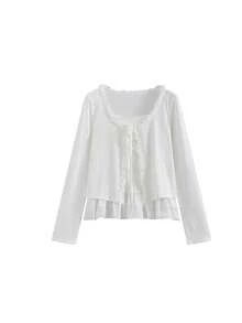 Women's New Autumn 2 In 1 Patchwork Design Long Sleeve T-Shirt With Lace Trim And Tie Detail - White - View 4