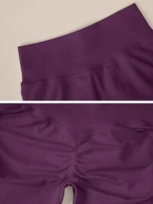 TimeOff Shorts deportivos para mujer de 1 pieza, color liso, cintura alta, cintura acanalada y glúteos fruncidos - Morado - Ver 5