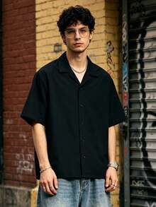 Men's Summer Thin Solid Color Short Sleeve Shirt With Turn-Down Collar, Fashionable Versatile Blouse - Black - View 6