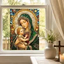 Virgin Mary & Baby Jesus Static Cling Window Film, Mosaic Stained Glass Religious Window Sticker, Non Adhesive UV Block Privacy Glass Decal, Catholic Christian Home Prayer Room Decor Gift - Virgin Mary and Child Window Sticker - View 1