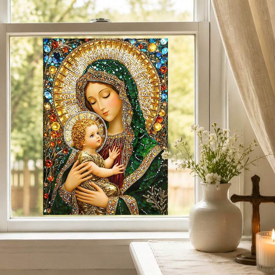 Virgin Mary & Baby Jesus Static Cling Window Film, Mosaic Stained Glass Religious Window Sticker, Non Adhesive UV Block Privacy Glass Decal, Catholic Christian Home Prayer Room Decor Gift - Virgin Mary and Child Window Sticker - View 1
