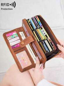MIYIN 復古鏤空設計女款信用卡夾 RFID 防盜刷 大容量雙折拉鍊卡包 長款錢包 附腕帶 45 個卡槽 - 彩色 - 查看 5