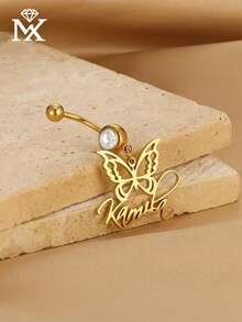 Customizable English Name Fashion Cubic Zirconia Butterfly Belly Button Piercing, Made Of Stainless Steel, Classic And Timeless, Simple And Beautiful, Unique Design, Suitable For Multiple Occasions, Wearable All Year Round, Perfect Surprise Gift For Mother, Grandmother, Friends And Family On Christmas, Thanksgiving, Birthday And Family Gatherings - Gold - View 4