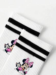 Disney 1雙迪士尼圖案女款中筒襪，黑白雙條紋，可愛休閒百搭運動船襪，卡通圖案，適合送禮與日常穿著 - 白色 - 查看 3
