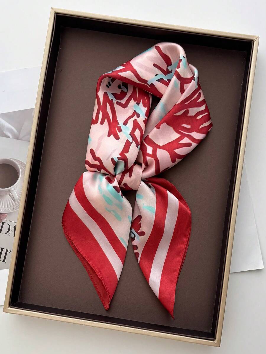 1pc Square Satin Bandana Scarf Women Paisley Print Hair Head Wrap Shawl - Red - View 1