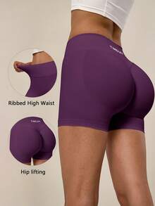 TimeOff Shorts deportivos para mujer de 1 pieza, color liso, cintura alta, cintura acanalada y glúteos fruncidos - Morado - Ver 11