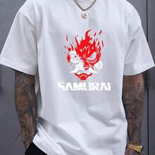 Maglietta da uomo con stampa grafica Oni Samurai, maniche corte, top casual per uso quotidiano e street wear - Bianco - Visualizzare 1
