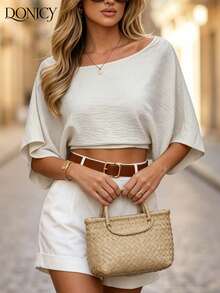 DONICY Women's White Textured Off-Shoulder Batwing Sleeve Cropped Top, Casual Vacation Wear - Apricot - View 3