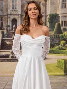 HEARBOBO Vintage Off-Shoulder Wedding Dress, Long Bridal Gown With Exquisite Lace Embroidery And Half Sleeves Fall White - White - View 11