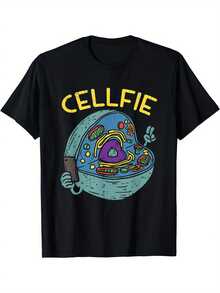 Cell Fie Funny Science Biology Print Men's Crew Neck Fashionable Short Sleeve Sports T-Shirt, Comfortable And Versatile, For Summer And Spring, Athlet - 黑色 - 查看 1