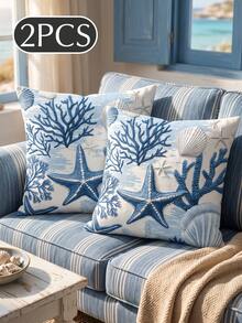 1/2pcs Fashion Coral Coast Style Pillowcase, Single-Sided Print, Breathable & Anti-Pilling, Comfortable & Cozy, Machine Washable, Suitable For Sofa And Car Pillows, 45*45/50*50CM, Living Room Sofa Decoration, Summer, Back To School Season - Multicolor - View 16