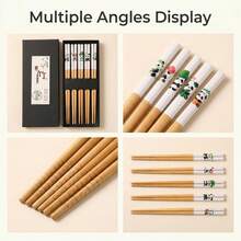 Japanese Lucky Cat & Chinese Panda Bamboo Chopsticks 5 Pairs Set, Home Dining Tableware, Printed Bamboo Wood Chopsticks, Gift Box Packaging - Multicolor - View 11