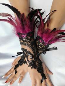 Black Lace Arm Sleeves With Faux Feather Decor, Finger Loop Gloves, Suitable For Balls And Dancing, Halloween Gothic Style Arm Sleeves (Artificial Fiber Feathers) - View 9