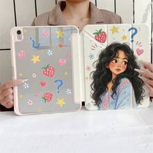 蠟筆素描捲髮女孩草莓愛心星星問號花卉圖案平板保護殼，附筆槽，相容 iPad 10代 10.9 吋 2022 智慧保護殼/Air 13(M3 2025)/Air 11(M3 2025)/11(A16 2025)/相容 Galaxy S9/S7/S10+/相容 Galaxy Tab S6 Lite 10.25 吋/相容 MatePad - 彩色 - 查看 8