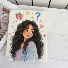 蠟筆素描捲髮女孩草莓愛心星星問號花卉圖案平板保護殼，附筆槽，相容 iPad 10代 10.9 吋 2022 智慧保護殼/Air 13(M3 2025)/Air 11(M3 2025)/11(A16 2025)/相容 Galaxy S9/S7/S10+/相容 Galaxy Tab S6 Lite 10.25 吋/相容 MatePad - 彩色 - 查看 9