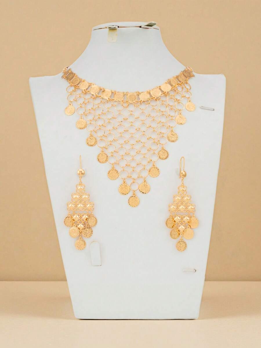 Juego de 3 piezas de joyería de mujer de lujo vintage de alta gama en oro de 18K, collar tipo babero con círculo de moneda antigua y aretes, joyería de boda nupcial de oro falso, para fiesta de vacaciones, cita, uso diario, sesión de fotos, cómodo y ligero, regalo - Dorado - Ver 1