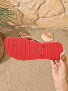 OXLL Red Women's Summer Sandals, Handmade Resin Starfish & Shell Rhinestone Decor, Bohemian Soft Sole Beach Flip Flops - Red - View 7