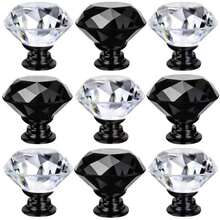 4/6/12er Set gemischte 30mm Kristall Schrankknöpfe, Diamant Glas Schubladengriffe mit Schrauben, geeignet für Schminktisch, Küche und Badezimmer, (Alles Schwarz + Schwarze Basis) - Komplett schwarz mit schwarzem Untergrund - Übersicht 1