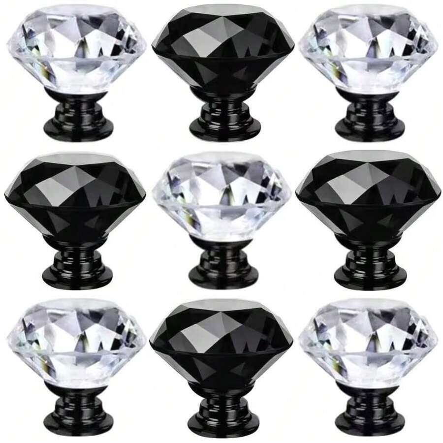 4/6/12er Set gemischte 30mm Kristall Schrankknöpfe, Diamant Glas Schubladengriffe mit Schrauben, geeignet für Schminktisch, Küche und Badezimmer, (Alles Schwarz + Schwarze Basis) - Komplett schwarz mit schwarzem Untergrund - Übersicht 1