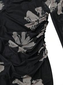 1pc Women's Fashion Floral Print Elegant Off-Shoulder Strapless Cinched Waist Design Dress For Date Birthday Party Spring Autumn - Black - View 5