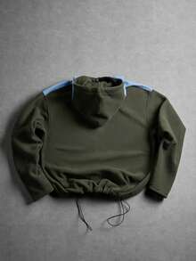 American Outdoor Style Army Green & Light Blue Colorblock Fleece Hooded Jacket, Full Zip Waist-Cinching Loose Warm Jacket - Green - View 6