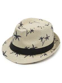 1pc Palm Tree Print Straw Fedora Hat With Black Ribbon, Breathable Short Brim Beach Sun Hat, Unisex, Suitable For Summer Travel, Vacation, Party - A - View 6