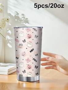 1 pieza/5 piezas Vaso térmico de 20 oz con tema de Halloween rosa lindo, estampado completo de fantasma de dibujos animados lindo, calabaza, lazo y caramelo, taza de viaje con aislamiento al vacío premium, adecuado para amantes de Halloween, viajes por carretera y regalos festivos - Rosa - Elementos de Halloween - Ver 10