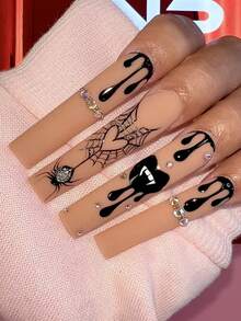 24 Stücke lange quadratische Press-On-Nägel, schwarze Tropfen-Spinnennetz-Herz-Spinnen-Vampir-Mund-Kunstnägel, Acryl-Nagelaufkleber Nagelzubehör für Frauen, dunkler Gothic Y2K Halloween-Stil, für Halloween-Party, Horror-Cosplay, Nachtclub, Trick or Treat - Verschiedenfarbig - Übersicht 1