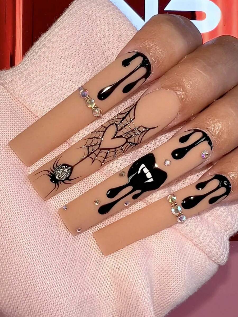 24 Stücke lange quadratische Press-On-Nägel, schwarze Tropfen-Spinnennetz-Herz-Spinnen-Vampir-Mund-Kunstnägel, Acryl-Nagelaufkleber Nagelzubehör für Frauen, dunkler Gothic Y2K Halloween-Stil, für Halloween-Party, Horror-Cosplay, Nachtclub, Trick or Treat - Verschiedenfarbig - Übersicht 1