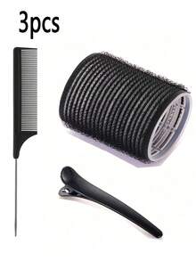 25 peças/Conjunto de Bobes com Presilhas, Bobes Autoadesivos, Adequados para Cabelos Longos, Médios, Curtos e Franjas, Ferramentas de Penteado DIY (Inclui 12 Bobes Grandes + 6 Presilhas de Cabelo de Jacaré + 6 Presilhas de Folha + 1 Pente de Cauda), Volta às Aulas, Acessórios de Cabelo - Preto - Visão 2