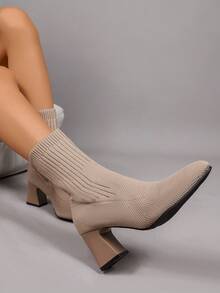 Women's Elastic Knit Sock Boots, Square Toe Chunky Heel Ankle Boots, Slimming Versatile High Heel Ankle Boots For Autumn/Winter, Commute And Daily Wear - Khaki - View 6