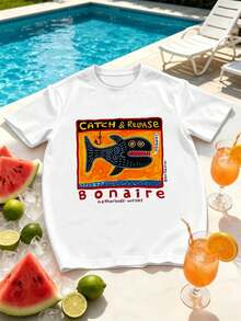 Camiseta gráfica Catch Release Fish para hombre, algodón premium, cuello redondo, corte holgado, cómoda, estilo hip-hop urbano. - Blanco - Ver 2