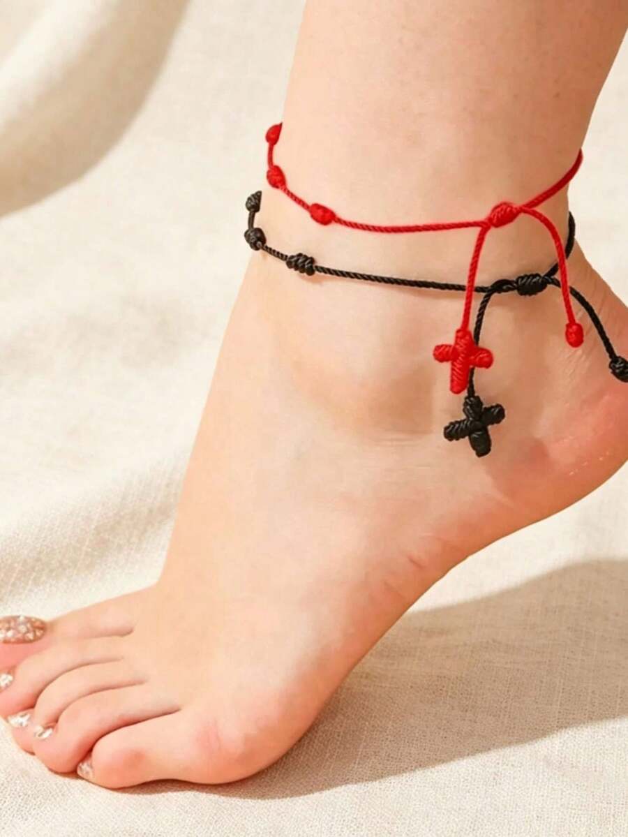 2pcs Fashionable Beach Style Minimalist Lucky Cross Woven Anklet Set For Women - Black Red Cross - View 1