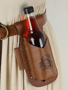 1pc Vintage Pirate Skull Print PU Leather Wine Bottle Waist Belt Pouch, Medieval Renaissance Cosplay Outdoor Camping Beer Bottle Waist Bag, Viking Waist Bag, Halloween Costume Prop - ZSJ - View 6