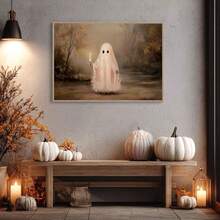 1pc Framed Canvas Wall Art, Cute Pink Ghost Holding Candle Canvas Wall Hanging, Vintage Autumn Forest Oil Painting, Dark Academia Style Halloween Atmosphere Decor, Suitable For Modern Home Decor, Room Decor, Dorm Decor, Bedroom Decor, Bathroom Decor, Kitchen Decor, Dining Room Decor, Living Room Decor, Office Decor, School Decor, Ghost Art, Gothic Halloween Poster, Halloween Decor, Halloween Home Decor, Ghost, Horror Decor - Pink Ghost - View 11