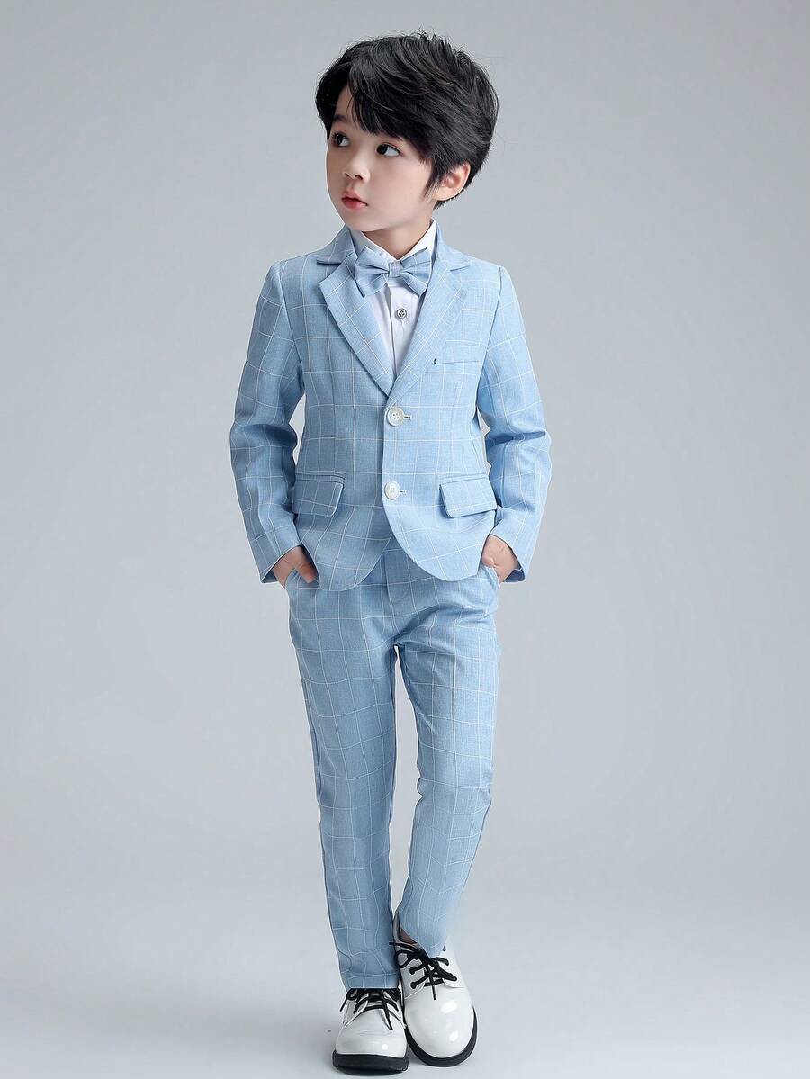 3 件套男童格子西装套装 - 西装外套、裤子、领结 - 适合婚礼、演出、学校等正式场合 - 秋季 - 藍色 - 查看 1