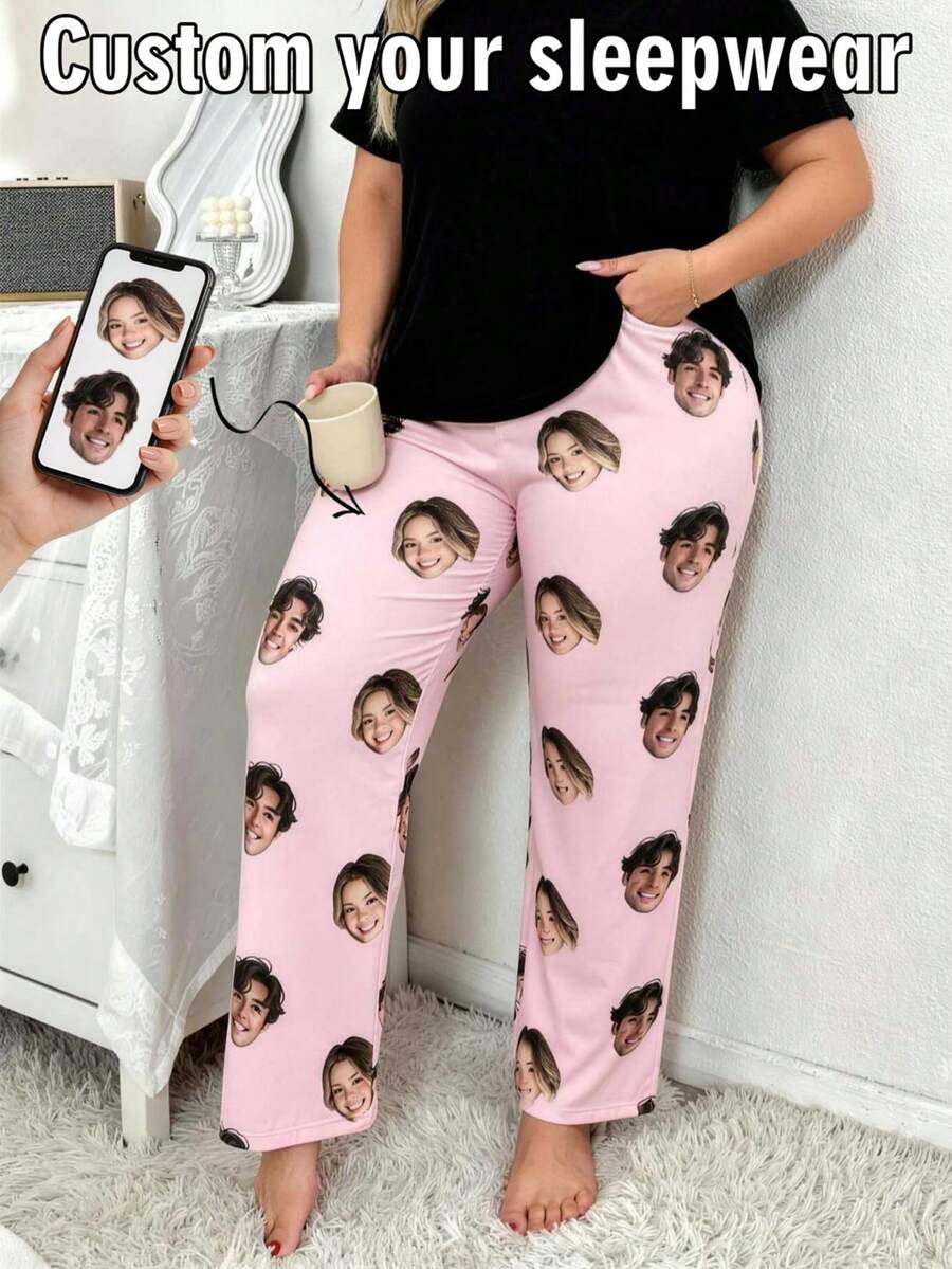 1Pc Plus Size Custom Face Photo Pajama Pants Personalised Picture Women Night Wear Sleepwear Trousers Gift For Wife - Multicolor - View 1