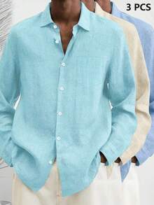 3pcs Set Casual Basic Men's Button-Up Long Sleeve Shirts - Multicolor - View 3