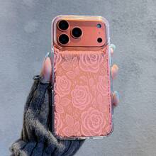 1pc Pink Lace Rose Flower Transparent Full Coverage Anti-Drop Phone Case, Soft Sexy Girl Ins Niche Fresh Protective Cover, Compatible With IPhone17/17Pro/17ProMax/16/11/16Plus/16ProMax/16e/15ProMax/13/14/12/14ProMax/12ProMax/13ProMax/12Pro/13Pro/14Pro - Color Silver Transparent - View 2