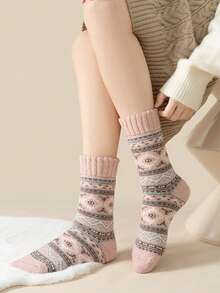 5 Pairs Autumn/Winter Retro Pattern Fashion Vintage Mid-Calf Socks, Women's Thickened Warm Knitted Socks, Suitable For Daily Wear, Home, Outdoor Sports, Matching With Boots, Sneakers, Slippers - Multicolor - View 3