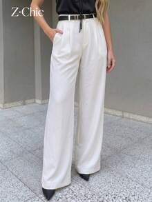 女款四季皆宜純色高腰直筒寬腿長褲（不含腰帶）附純色口袋 - 白色 - 查看 6