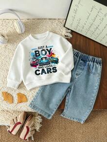 Young Boy Cartoon Print Crew Neck Long Sleeve Sweatshirt And Denim Jeans - White - View 1
