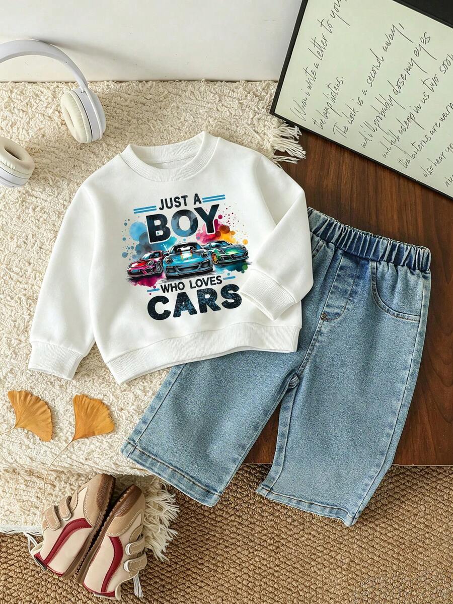 Young Boy Cartoon Print Crew Neck Long Sleeve Sweatshirt And Denim Jeans - White - View 1