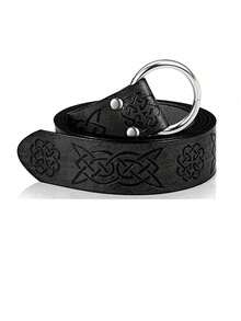 Medieval Celtic Pattern PU Leather Round Belt, Vintage Viking Knot Embossed Single Ring Buckle Belt, Renaissance COSPLAY Stage Performance Accessory - A - View 4