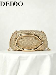 Women's Rhinestone Rounded Rectangular Evening Clutch, Front Curved Oval Handle Handbag, Fashion Crossbody Bag, Suitable For Wedding, Ball, Valentine's Day Party - Gold - View 11