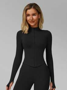 Jaket Yoga MFVIM Lembut dan Elastis, Potongan Slim Fit Lengan Panjang dengan Resleting dan Kerah Tegak - Hitam - View 7